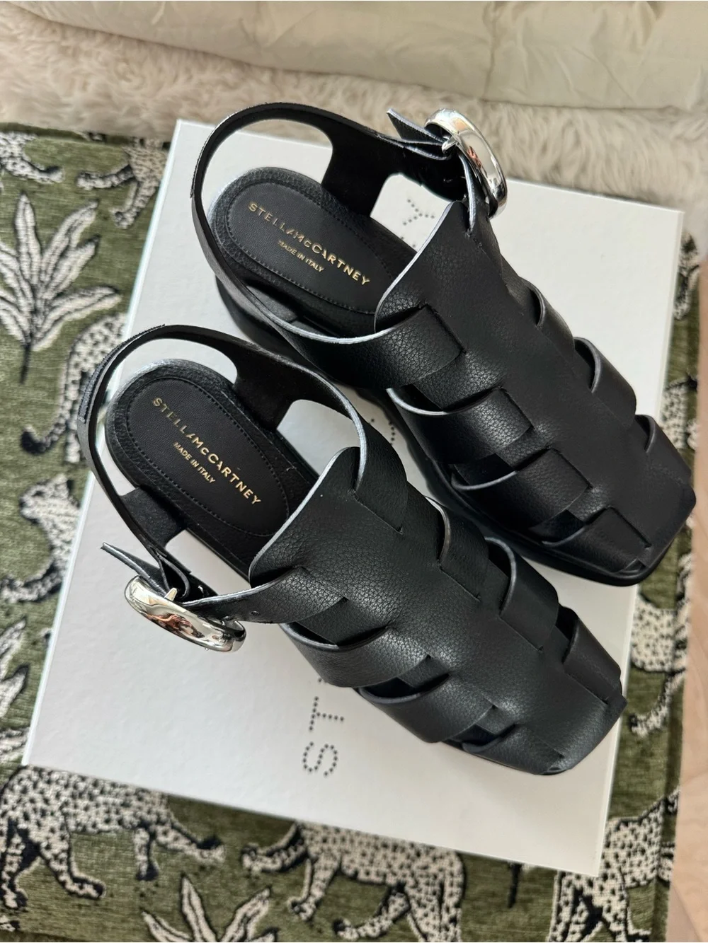 Stella McCartney Elyse Black Wedge Fisherman Sandals with Silver Buckle